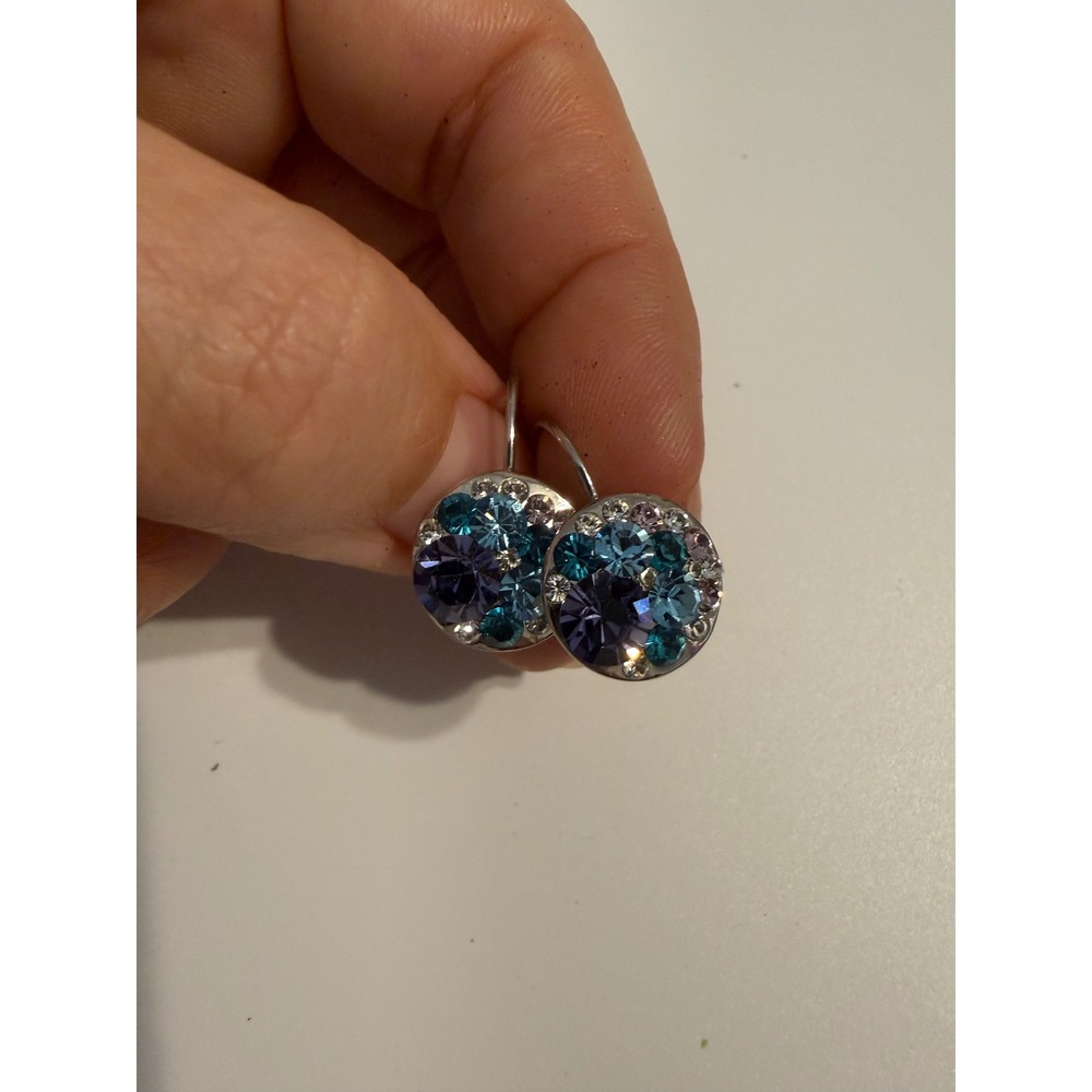 Blue Purple Crystal Leverback Earrings Silver Tone Cluster Drop Sparkly Round
